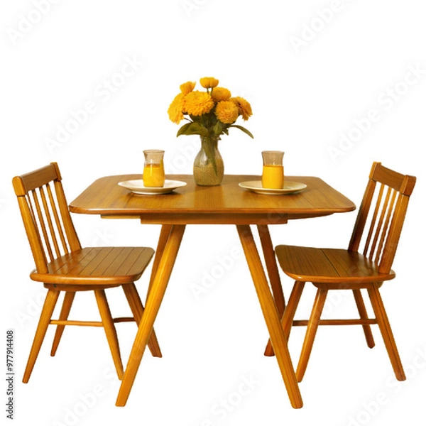 Fototapeta A Wooden Dining Table with Two Chairs and Two Glasses of Orange Juice, Isolated on Transparent Background, PNG