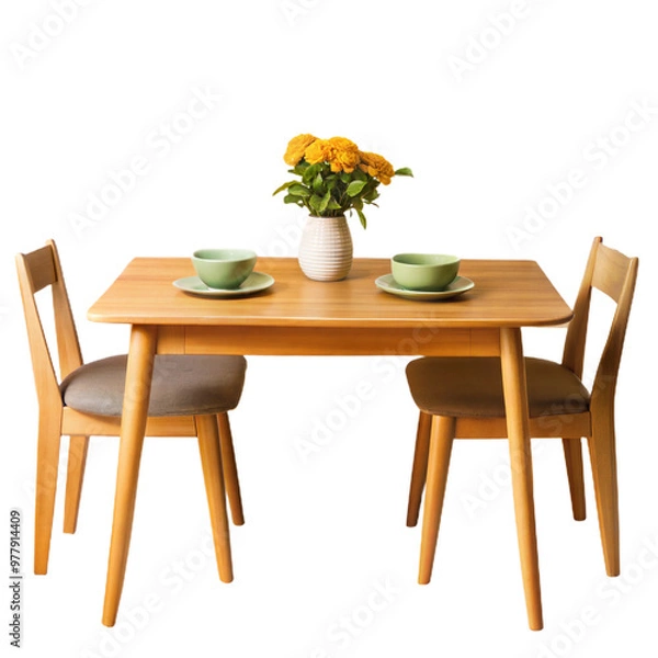 Fototapeta A Wooden Dining Table with Two Chairs and Two Cups of Coffee, Isolated on Transparent Background, PNG