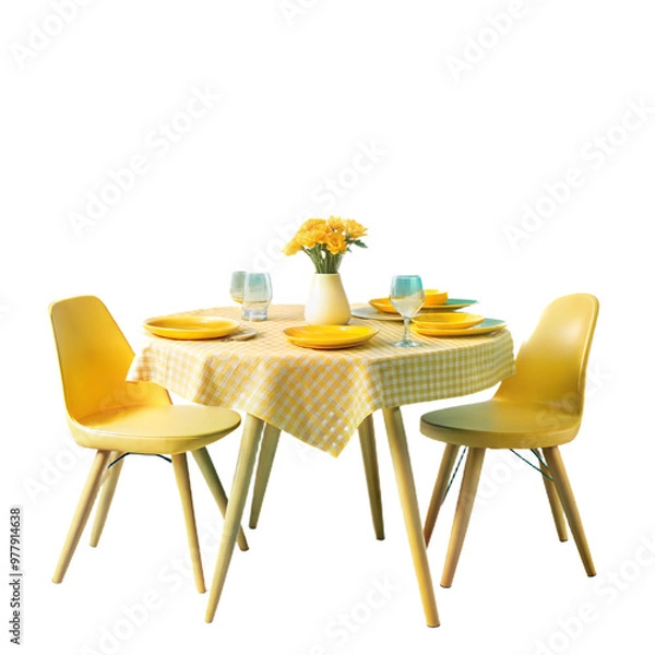Fototapeta A Yellow Mid-Century Dining Table with Two Yellow Chairs, Isolated on Transparent Background, PNG