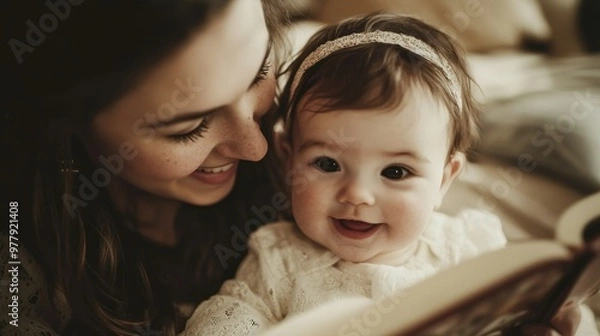 Obraz A mother and her baby girl are smiling while reading a book together.