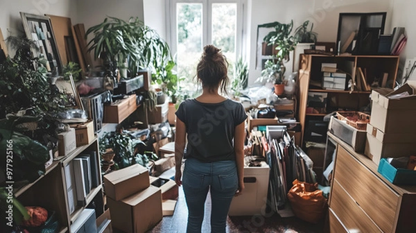 Fototapeta Woman decluttering her large home to prepare for downsizing to a smaller residence.


