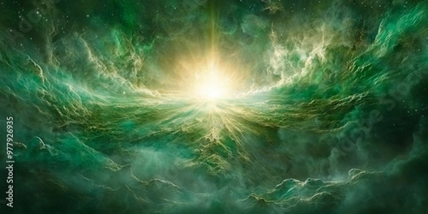 Fototapeta stunning display of green particles erupts from a brilliant core, sending waves of dynamic light and dust spiraling outward, creating a cosmic spectacle.