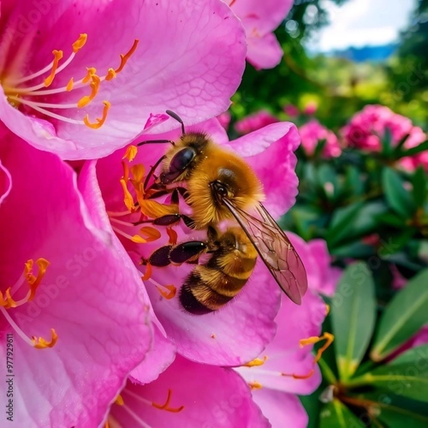 Fototapeta Honey bee on a rhododendron flower getting pollen from the bush and pink florals in Eugene Oregon.