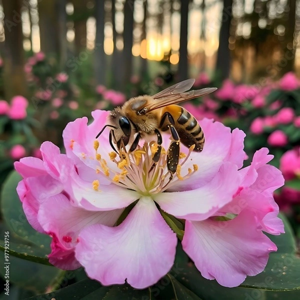 Fototapeta Honey bee on a rhododendron flower getting pollen from the bush and pink florals in Eugene Oregon.