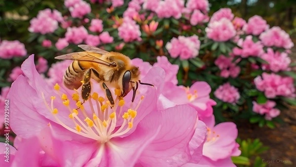 Fototapeta Honey bee on a rhododendron flower getting pollen from the bush and pink florals in Eugene Oregon.