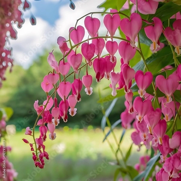 Fototapeta Pretty floral spray of pink bleeding heart vine outdoors with a soft focus background.