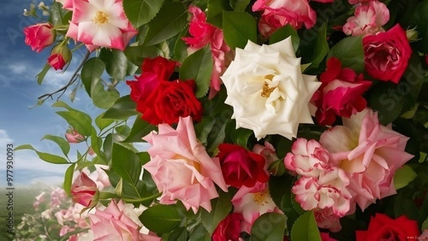 Fototapeta Spring backgroung flowering roses flowers and leaves