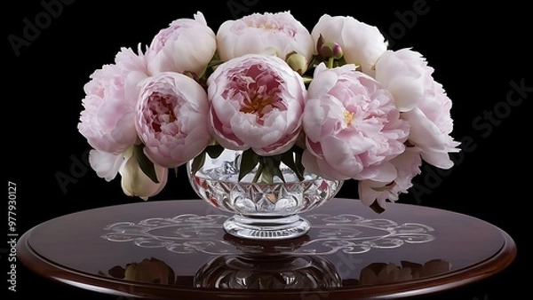 Fototapeta Arrangement of Peony blossoms in a cut glass vase reflecting off table and isolated against black