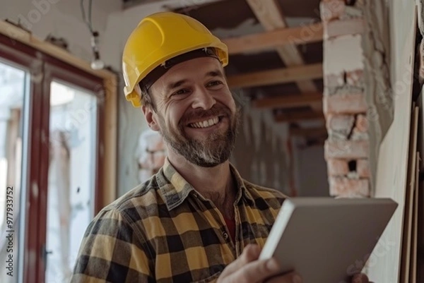 Obraz A construction worker holding a tablet computer on the job site