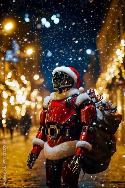 Fototapeta A humanoid robot dressed as Santa Claus, carrying a sack of gifts, standing on a city street decorated with Christmas lights.