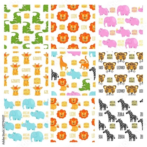 Fototapeta African animals set vector seamless pattern