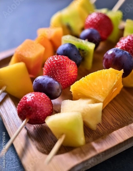 Fototapeta Juicy fruit skewers with depth of field showcasing a variety of fresh fruits and vibrant colors