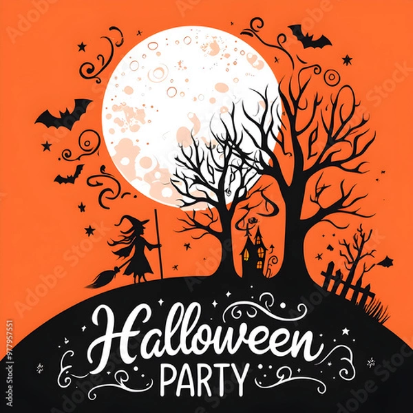 Obraz Cartoon Halloween Poster with Pumpkins, Twisted Tree, and Full Moon
