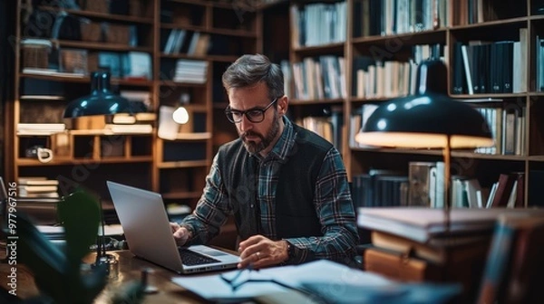 Fototapeta Man working on a laptop in a cozy home library