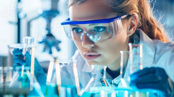 Fototapeta Scientist in a lab coat and safety glasses examines samples under a microscope in a modern lab.