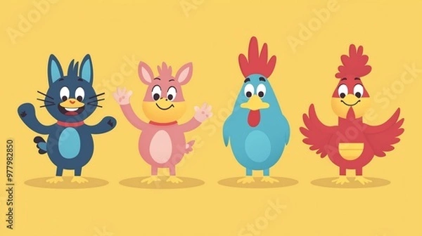 Fototapeta Group of cute cartoon animals standing together on yellow background