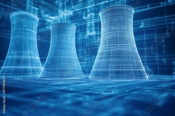Obraz Digital Blueprint of Power:  Wireframe rendering of nuclear power plant cooling towers, evoking themes of energy, innovation, and progress.  The blue tones and intricate design create a sense of techn