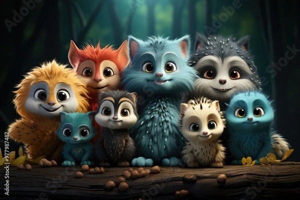 Fototapeta The group of cartoon animals are group together in a blue background generative , generative IA