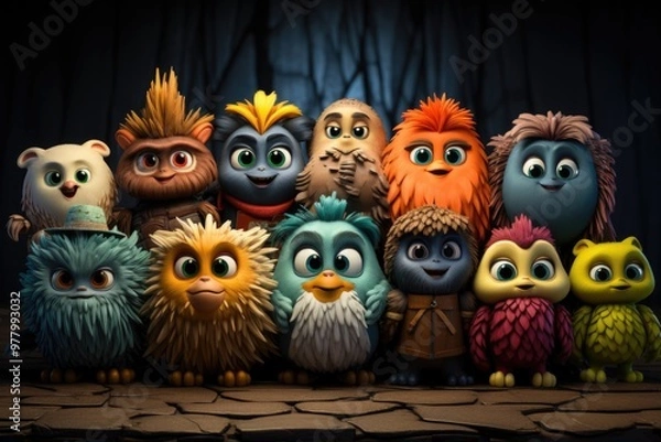 Fototapeta A collage of cartoon animals with different colors and animals, generative IA