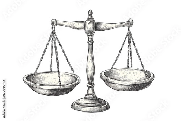 Fototapeta hand-drawn scales of justice in detailed black and white sketch isolated png transparent background