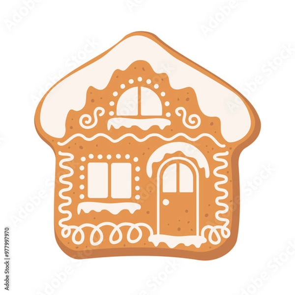 Fototapeta Gingerbread House Winter Cookie with decorative sweet glaze and icing. Vector flat illustration design isolated on white background. Traditional Christmas cookies.. Homemade holiday ginger baking