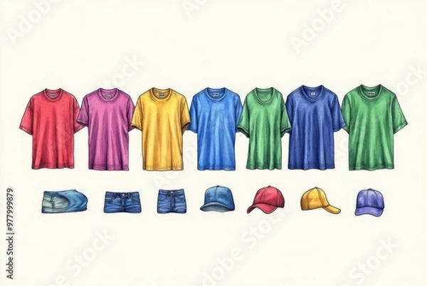 Fototapeta Many different colored shirts and hats on a white background