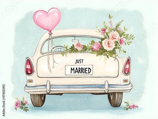 Fototapeta A vintage car adorned with balloons, flowers, and a "Just Married" sign drives away, symbolizing the joyful start of a couple's new journey together.