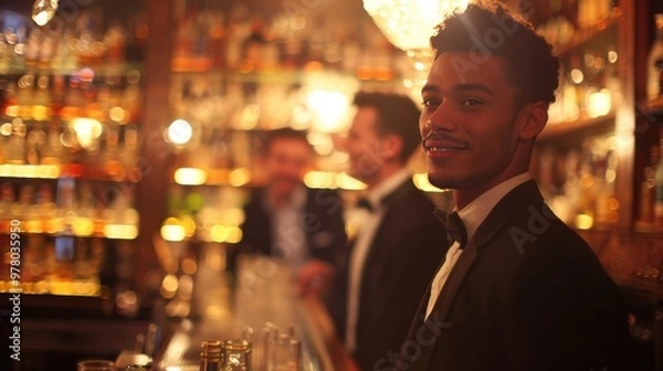 Fototapeta Bartender serving cocktails in a busy upscale bar at night