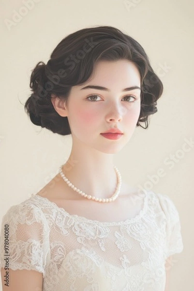 Fototapeta Elegant young woman in vintage dress with pearls indoors