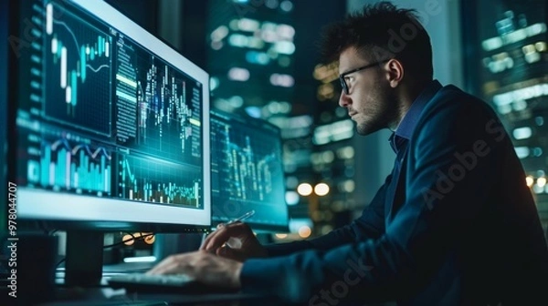 Fototapeta Focused businessman analyzing financial charts on multiple monitors
