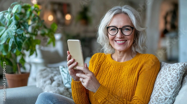 Obraz portrait of a woman sitting on a sofa with smartphone