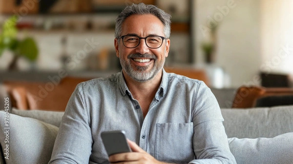 Fototapeta person with smartphone on sofa