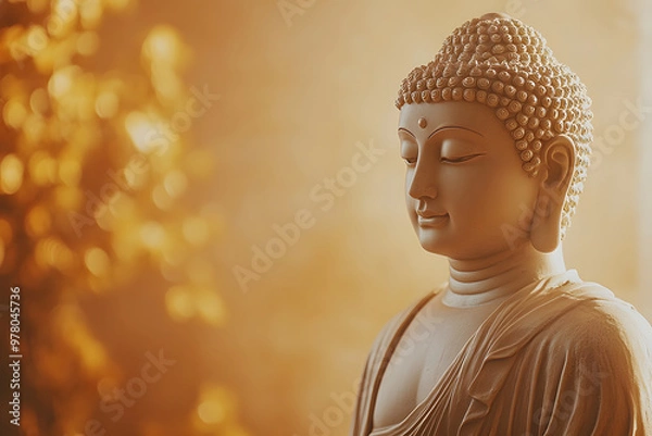 Fototapeta A peaceful Buddha statue stands in soft, warm sunlight, surrounded by lush greenery, creating a serene and meditative atmosphere in nature.
