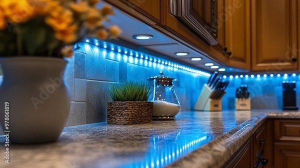 Fototapeta LED strip light bulbs with a gradient color effect, glowing blue to green, under kitchen cabinets, soft ambient lighting