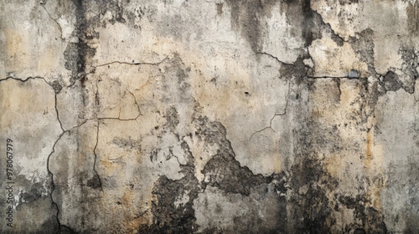 Fototapeta A rough, industrial-style concrete wall with a mix of smooth and cracked areas. The surface has been weathered over time, with dark stains and patches of discoloration adding to the gritty aesthetic.