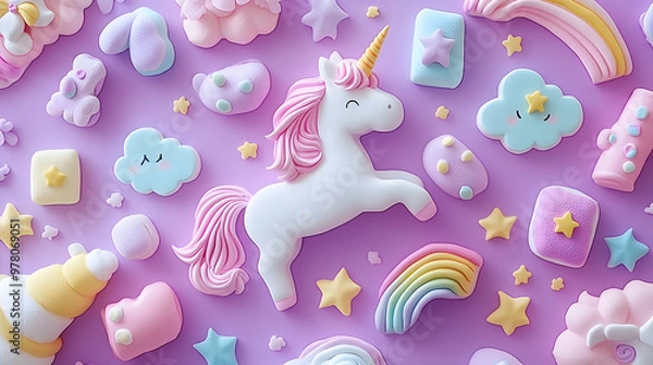 Obraz Trendy pastel purple kawaii background with cute air plasticine handmade cartoon animals unicorns clouds rainbows sweet marshmallows pattern Top view flat lay Candycore fairycore : Generative AI