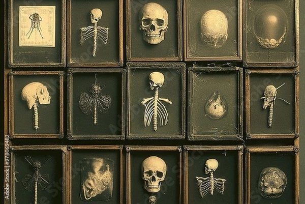 Fototapeta Anatomical illustrations in old cabinet, dark scientific setting, moody atmosphere.