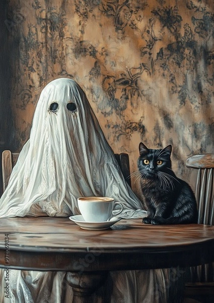 Fototapeta Ghostly figure and cat in vintage setting with rich textures and dark colors.