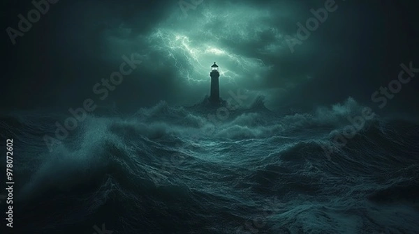 Obraz Stormy ocean with dark clouds, large waves crashing, lighthouse barely visible, dramatic stormy lighting