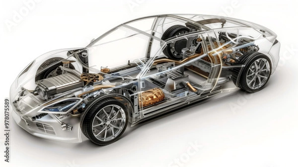 Fototapeta 3D cutaway car model shows visible engine, internal structure, and components. AI generated