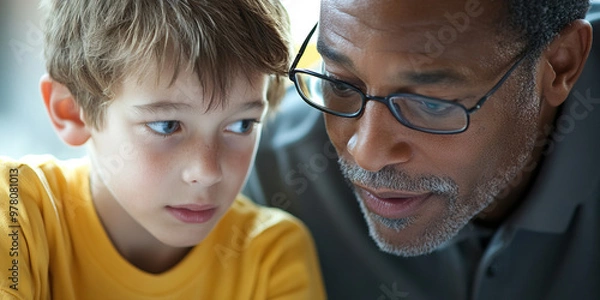 Fototapeta Tenacious Teacher's Patience: A kind-faced man, gently guiding a young student through a math problem.