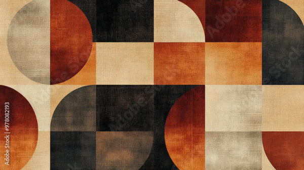 Fototapeta A flat geometric pattern featuring layered semicircles and squares in warm earth tones of brown, rust, and beige, creating a modern, structured composition.