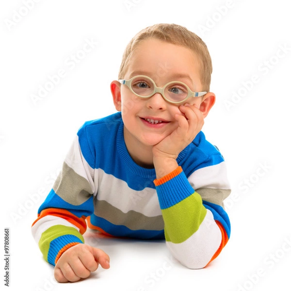 Obraz Portrait of cute smiling boy with glasses on a white background