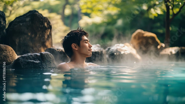 Fototapeta 旅行イメージ　露天風呂でくつろぐ男性