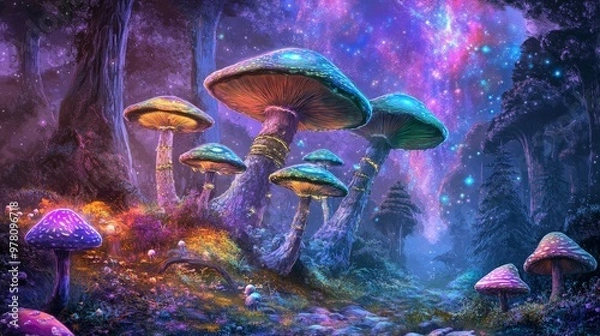 Fototapeta A surreal depiction of magic mushrooms in a dreamlike landscape, with vibrant colors and cosmic elements blending into a mystical, enchanting scene.