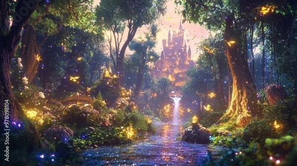 Obraz Enchanting Digital Fairytale Forest with Animated Creatures, Sparkling Streams, and Distant Castle