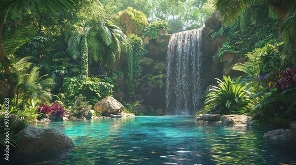 Obraz Enchanted Digital Jungle Oasis with Exotic Flora, Animated Fauna, and Serene Waterfall Pool
