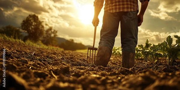 Fototapeta Farmer's Labor: A man tilling a soil with a pitchfork, his strong back and focused gaze reflecting a life dedicated to the land.