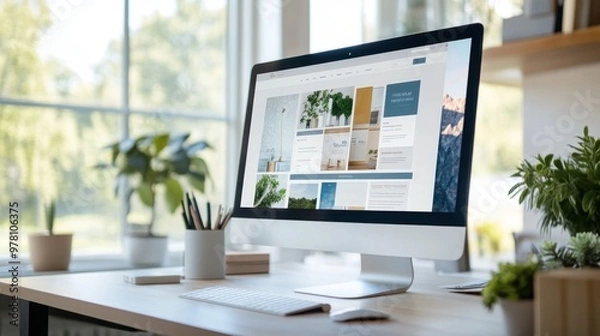 Fototapeta A clean, minimalist website design template displayed on a large monitor, with a creative workspace in the background.