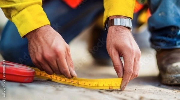 Obraz A close-up of a construction worker hands using a tape measure to ensure precise measurements for a project.